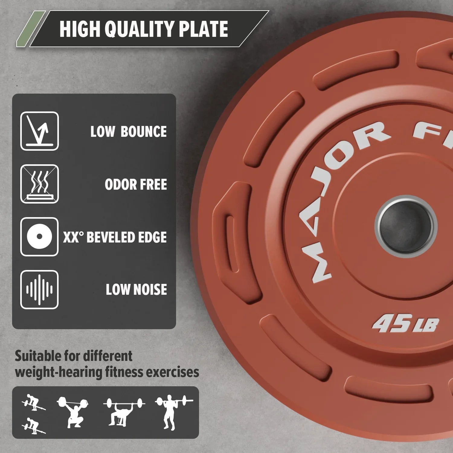Major Fitness CGWP45 45LB Pair Red Color Grip Low Bounce Bumper Plates