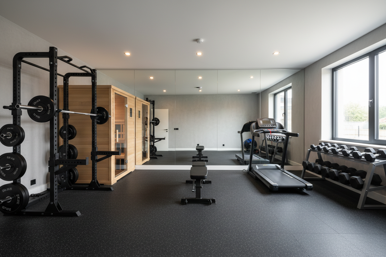 Modern home gym with bench in center, power rack and sauna on left, treadmill and dumbbells on right, mirror wall